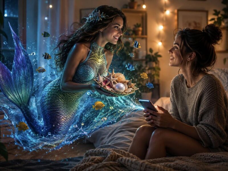 Sirena emerge de un móvil frente a una mujer que sostiene un teléfono con un juego en una habitación acogedora