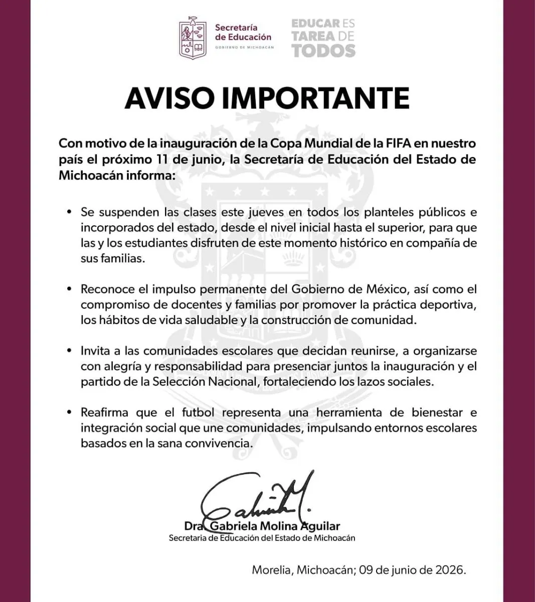 Suspenden clases en Michoacán el 11 de junio para ver inauguración del mundial Gabriela Molina