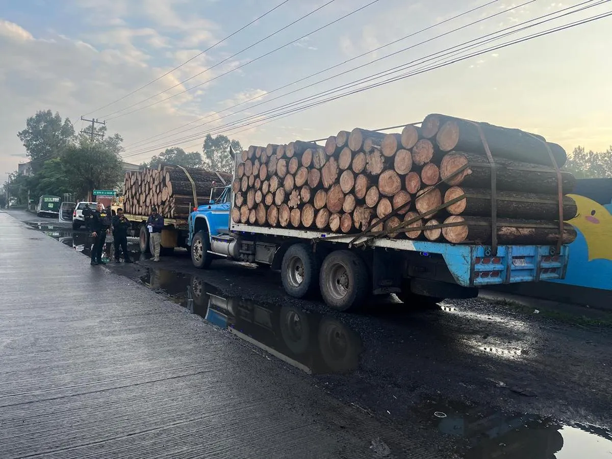 Asegura FGE tres camiones con producto forestal en Charo