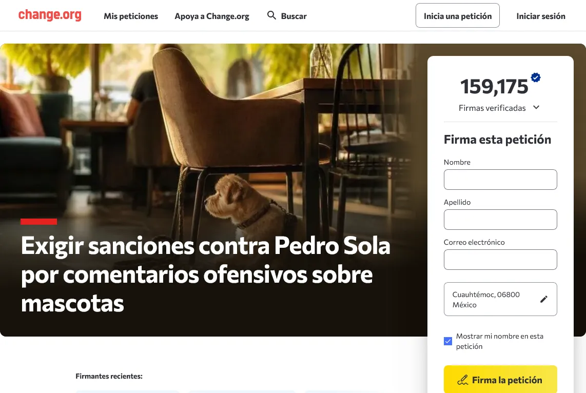 exigen sanciones tras polémica por comentarios sobre mascotas contra Pedro Sola