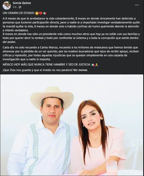 Grecia Quiroz acusa "crimen de Estado" sobre el asesinato de Carlos Manzo