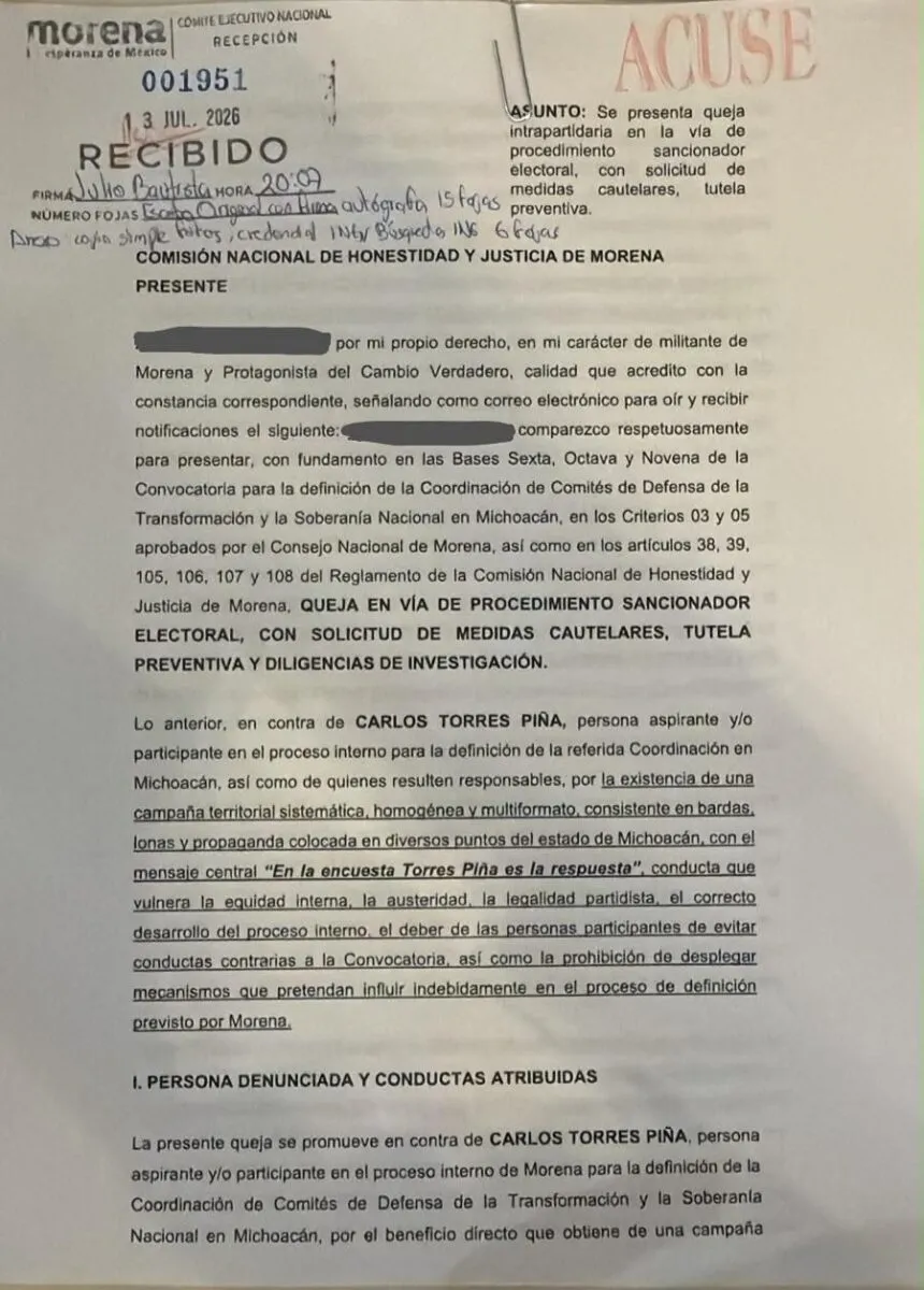 Presentan denuncia contra Carlos Torres Piña en Morena